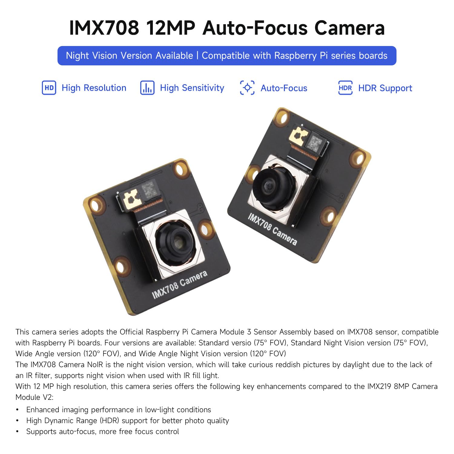 Waveshare IMX708 12MP High Resolution Camera Module, Featuring High Dynamic Range, with Wide Angle Version 120°