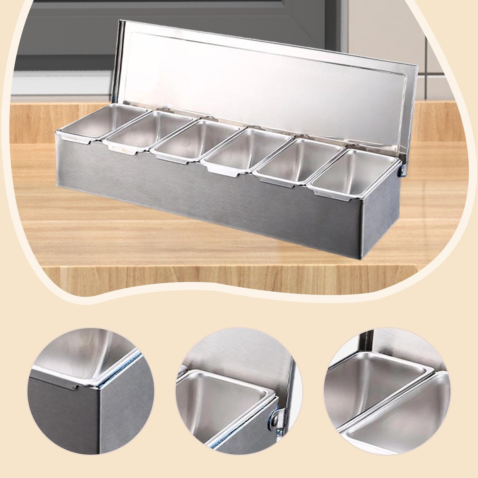 Barattolo per Condimenti in Acciaio Inox, Vassoio Multifunzionale per Condimenti con Scomparti Rimovibili, Organizer per Barbecue E Feste, 6 Griglie