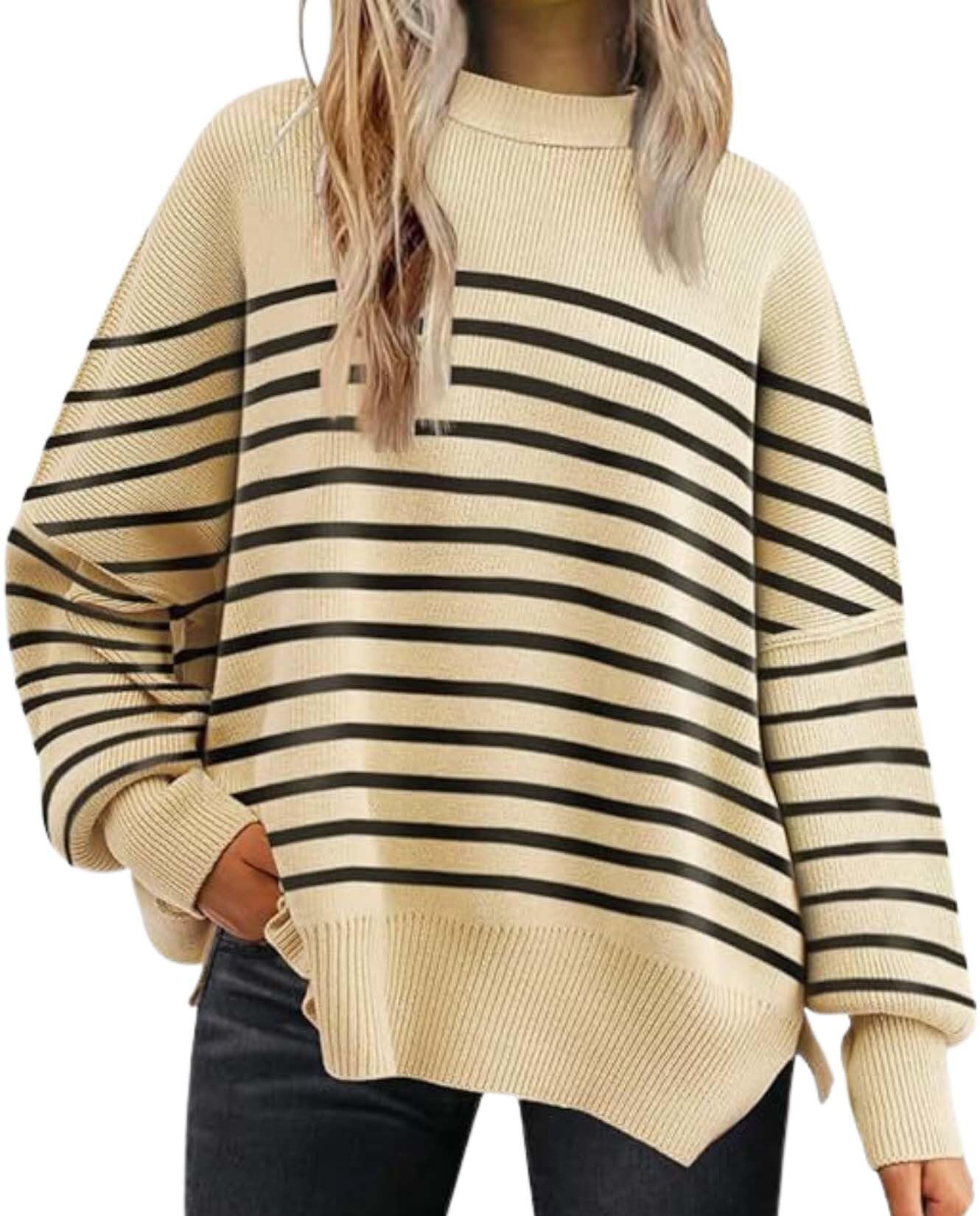 2025 Fall Womens Oversized Batwing Sweater Fashion Crew Neck Knit Side Slit Cozy Fall and Winter Pullover Sweater
