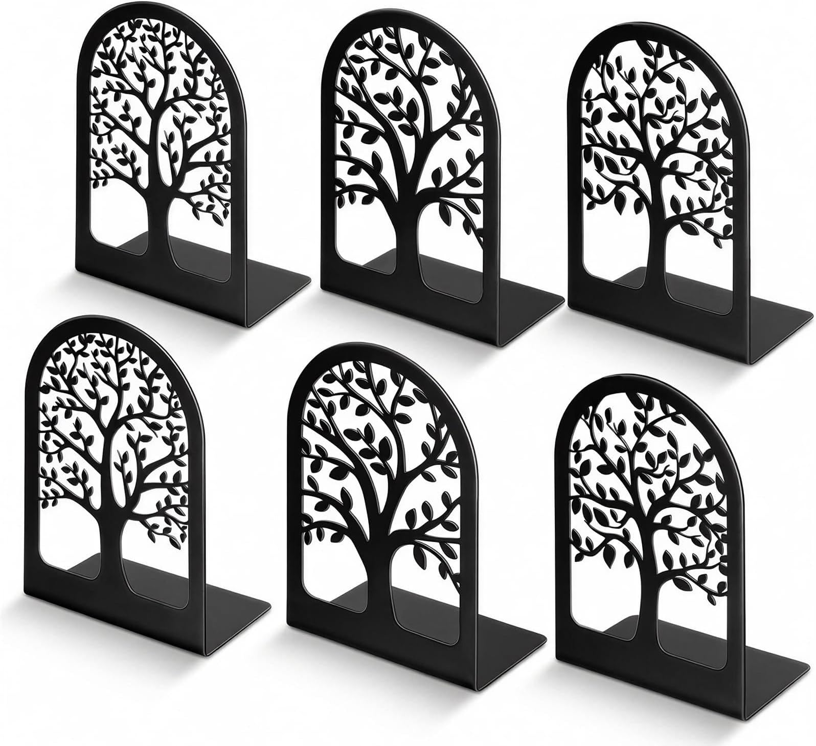 Book Ends, Metal Bookends for Shelves Decorative, Tree Stopper for Heavy Books, Black Ends to Hold Books for Home Office, 6.5 X 4.7 X 3.5 Inch(3 Pairs/6 Pcs, Large)