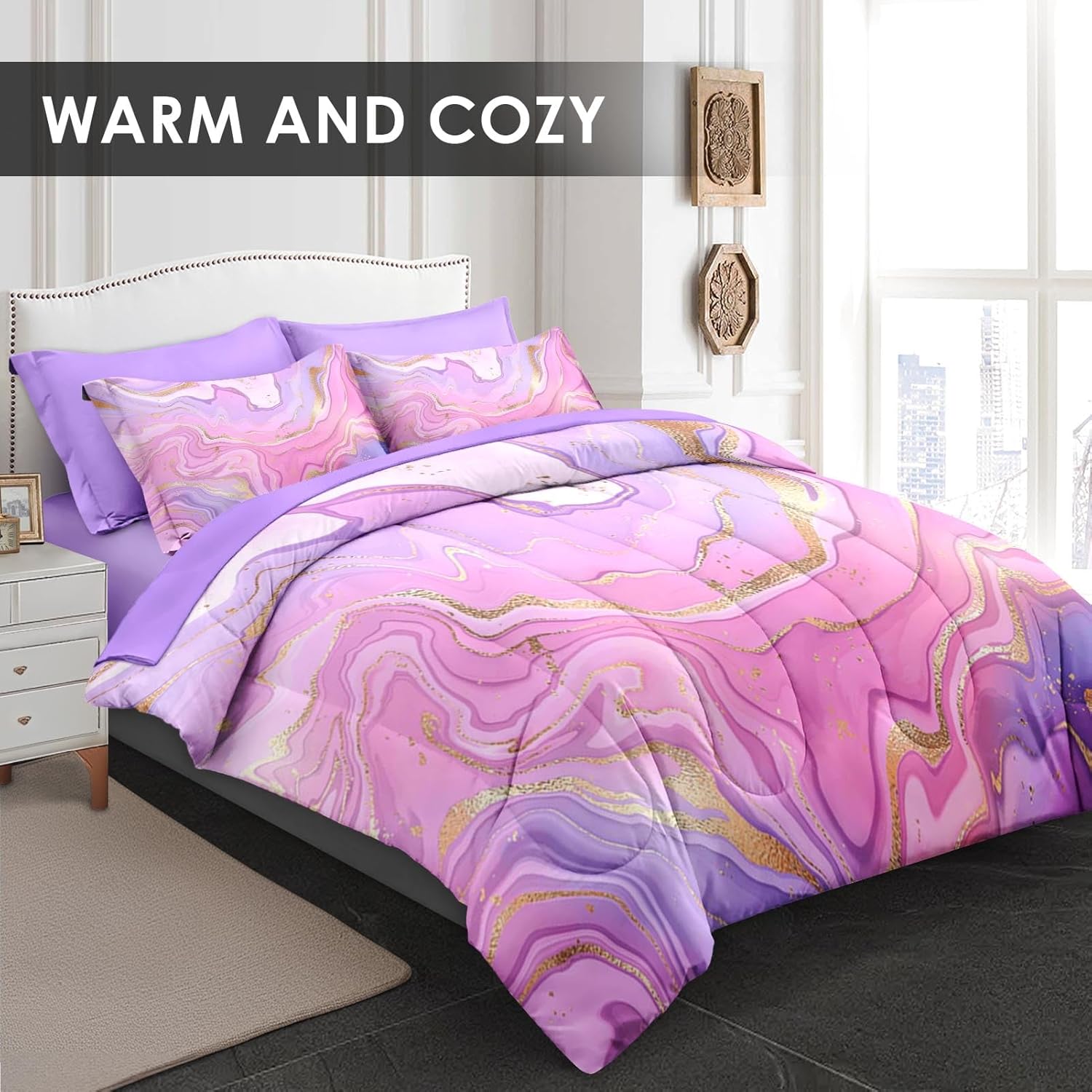 Comforter Set Full Size, Rose Gold Marble Stripe 7 Pcs Bedding Set for Kids and Adults, Purple Pink Painting Bed Sheet Sets with Fitted Sheet 2 Pillowcase & 2 Sham for Bedroom Bed Decor