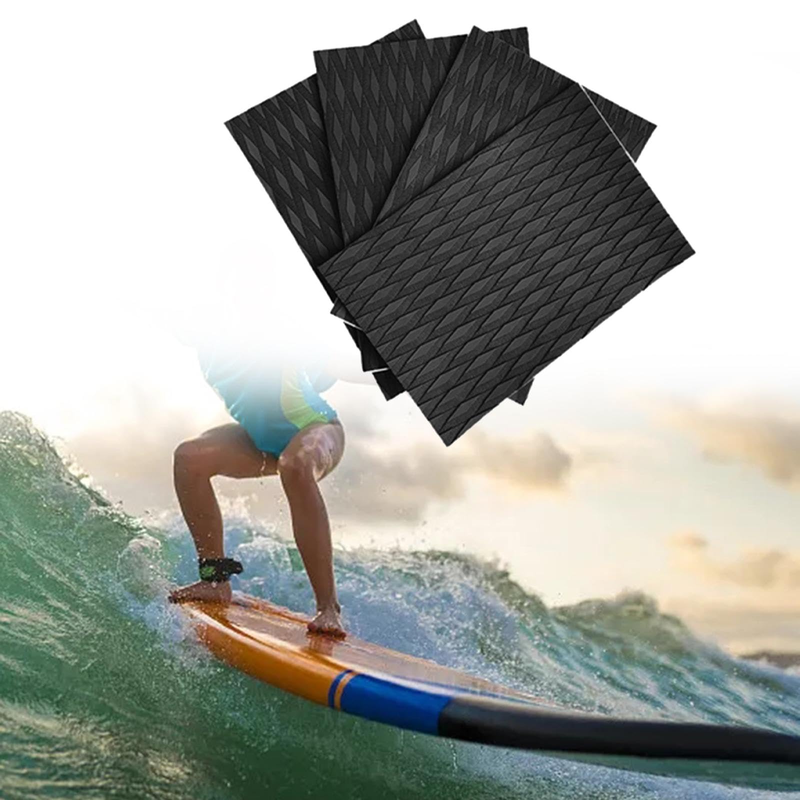 rockible 4 Pièces Deck Grip Tapis Antidérapant Deck Tail Pad Planche de Surf Pad EVA Boat Decking Sheet Surfboard Traction Pads pour Longboard Kayak Skateboard, Noir