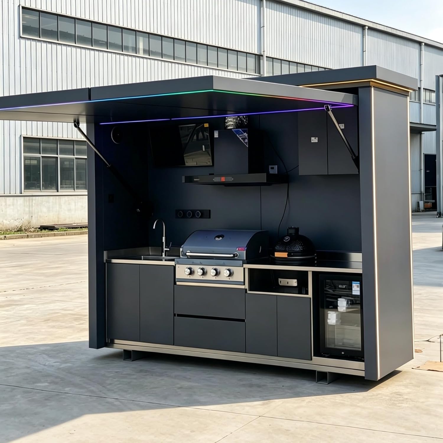 Modular Outdoor Kitchen Island Prefab Kit with Roof, Grill, Sink, Refrigerator & Storage – Luxury Backyard Patio Cooking Station for Outdoor Entertaining
