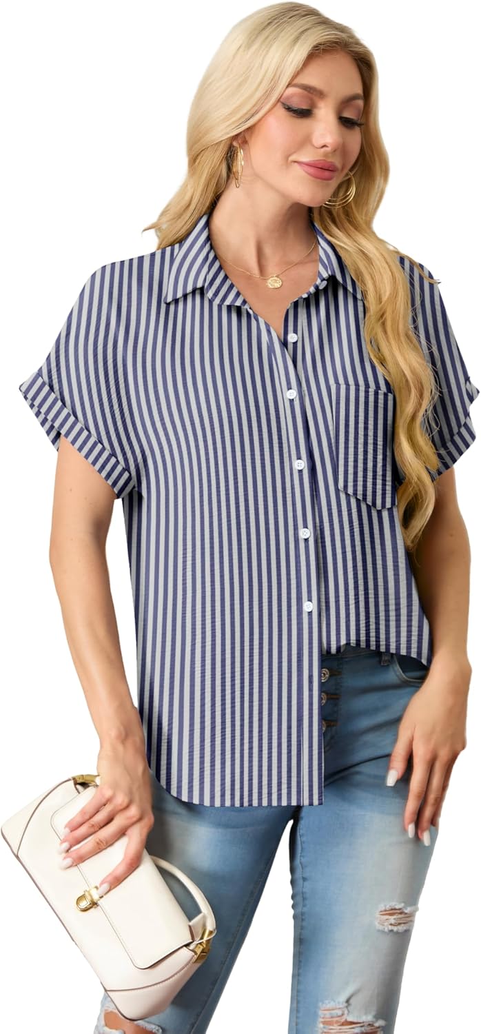 Button Down Short Sleeve Shirts for Women V Neck Loose Roll Up Collared Shirt Casual Summer Tops with Pockets - Image 4