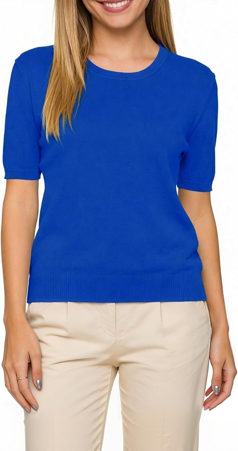 Joe Wenko Womens Short Sleeve Cotton Sweaters Casual Crew Neck Pullover Tops Basic Knit Blouse