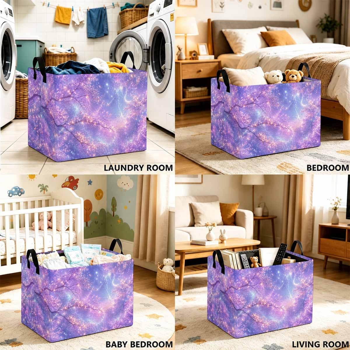 56L Storage Basket Sakura Night Sky Laundry Hamper Collapsible with Handles image 5