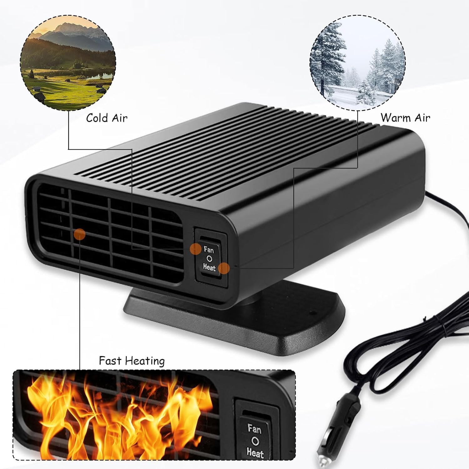 12V Portable Fast Heating Car Defroster and Defogger, 150W Car Heater for Windshield, 360° Heater Plug into Cigarette Lighter for Cars, SUVs, RVs