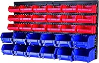 MaxWorks 80694 30-Bin Wall Mount Parts Organizer Rack for Nuts, Bolts, Screws, Nails - Garage Workshop Storage, Blue/Red