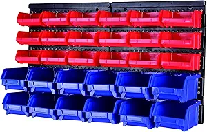 MaxWorks Wall Mount Storage Rack 30 Bin Heavy‑Duty Organizer for Nuts Bolts Screws Nails Beads Buttons and Small Parts for Garage Home and Workshop Blue and Red Bins (80694)