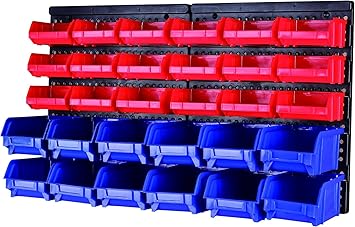 MaxWorks Wall Mount Storage Rack 30 Bin HeavyDuty Organizer for Nuts Bolts Screws Nails Beads Buttons and Small Parts for Garage Home and Workshop Blue and Red Bins 80694