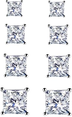 4 Pairs 925 Sterling Silver Square Stud Earrings for Women Men 3 4 5 6mm