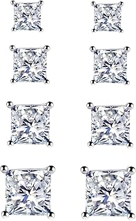 925 Sterling Silver Stud Earrings, 4 Pairs Square Cubic Zirconia Stud Earrings Set for Women Men 3 4 5 6mm