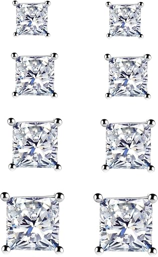RoseJeopal 925 Sterling Silver Stud Earrings, 4 Pairs Square Cubic Zirconia Stud Earrings Set for Women Men 3 4 5 6mm