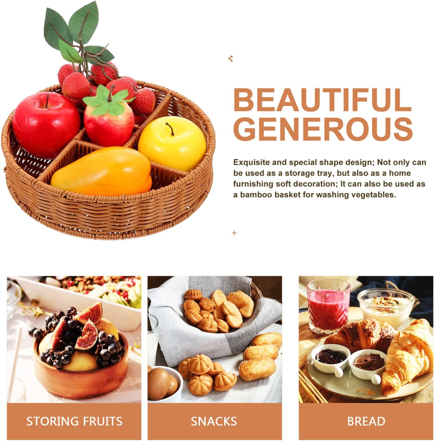 DOITOOL Utensil Caddy Rattan Serving Tray 5 Compartments Wicker Fruit Bread Basket Woven Ottoman Tray Rustic Cupcake Snack Candy Serving Platter for Appetizer Vegetable Storage Seagrass Basket