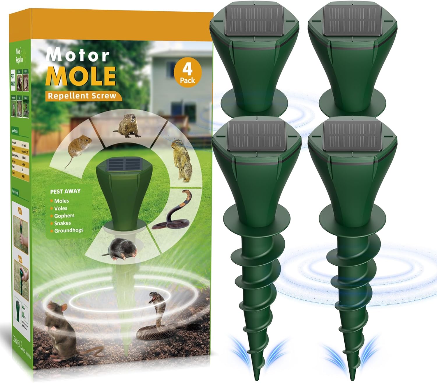 Solar Powered Mole Repellent for Lawns, 4 Packs Ultrasonic Vole Repeller Outdoor, IP 65 Waterproof Outdoor Ultrasonic Mole Deterrent Get Rid of Gopher Vole Skunk Groundhog Snake in Garden Yard Lawn
