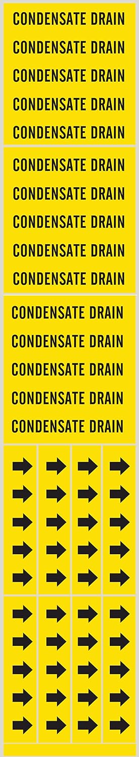Brady 7062-3C-PK, CONDENSATE Drain Pipe Marker Arrows Black on Yellow 3 per Card, 5 PK, Legend 'CONDENSATE Drain'