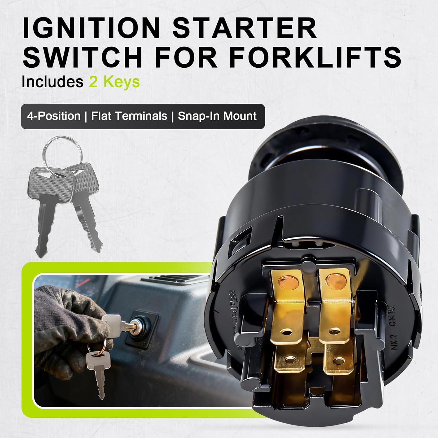 Ignition Starter Switch 25150-GB00A with 2 Keys - Compatible with Nissan/UniCarriers Forklift (1F2 Platform Examples: P1F2A25DU FD10–30 Segment), 4-Position, Flat Terminals