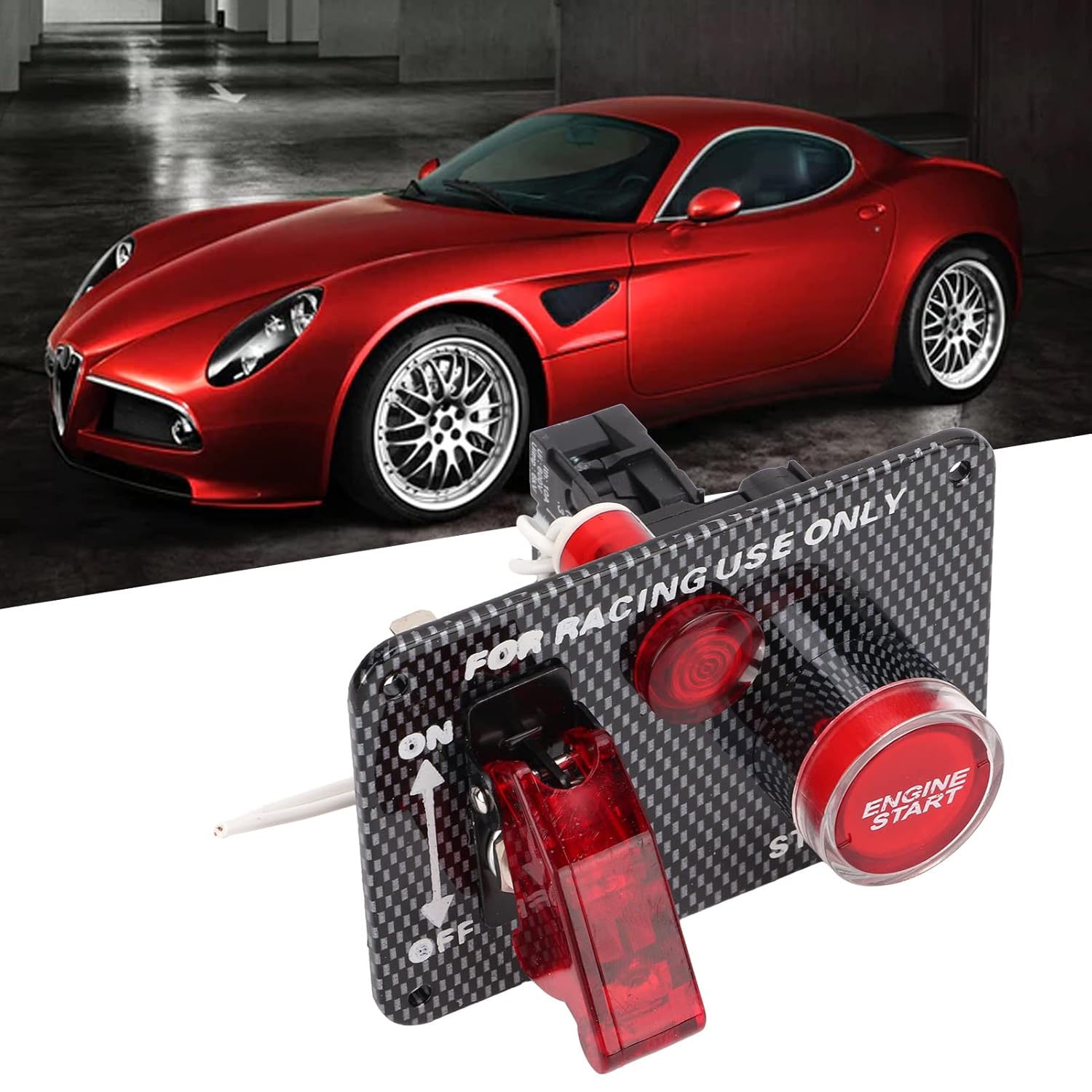 12V Ignition Switch Panel, 2 in 1 Car Engine Start Push Button Toggle Panel with Indicator Light Carbon Fiber Racing for Car Boat Marine Truck Trailer