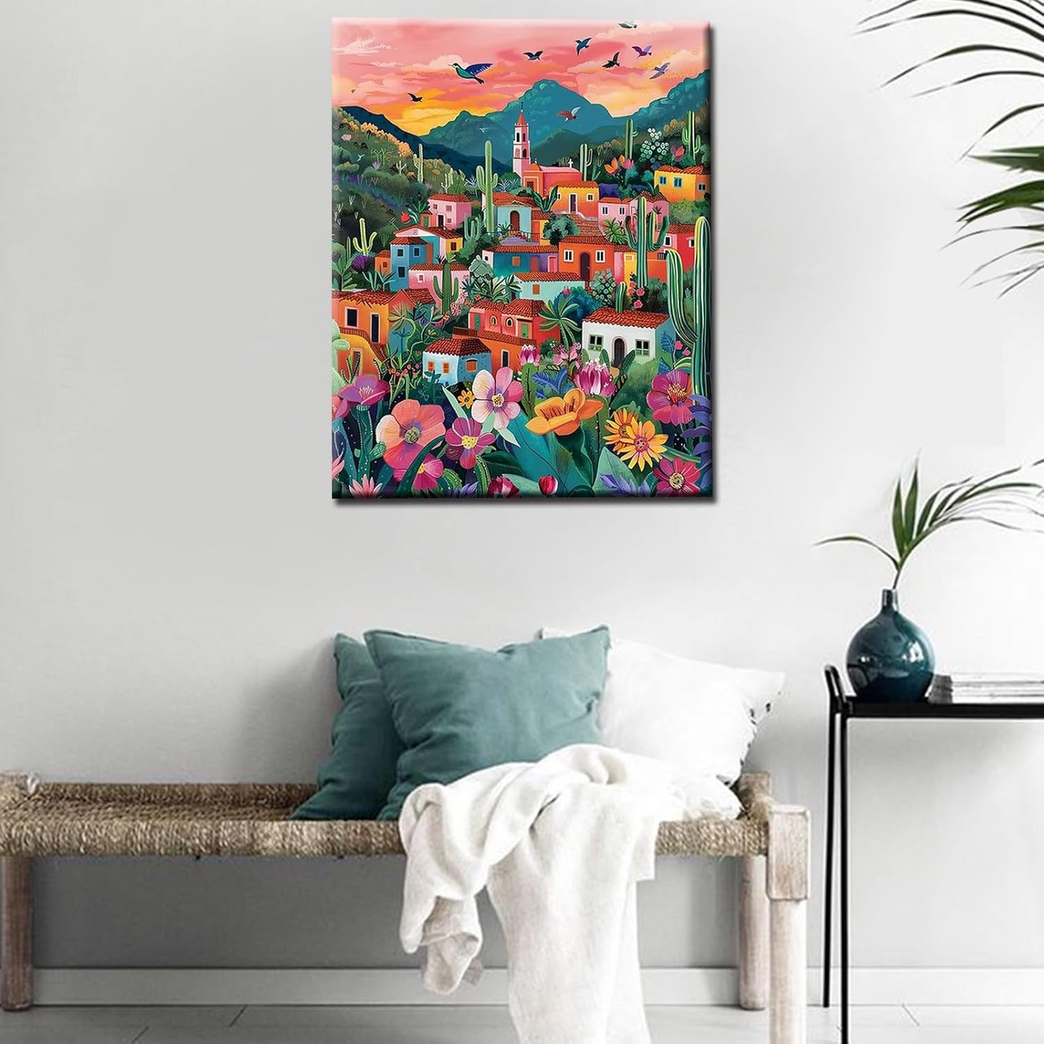 Mexican Cityscape Digital Paint by Numbers Kits 16x20 inch Tropical Succulent Plants DIY Oil Painting for Adults Beginner Graffitic Building Paintwork with Brushes Office Room Decor Gift(DIY Frame)