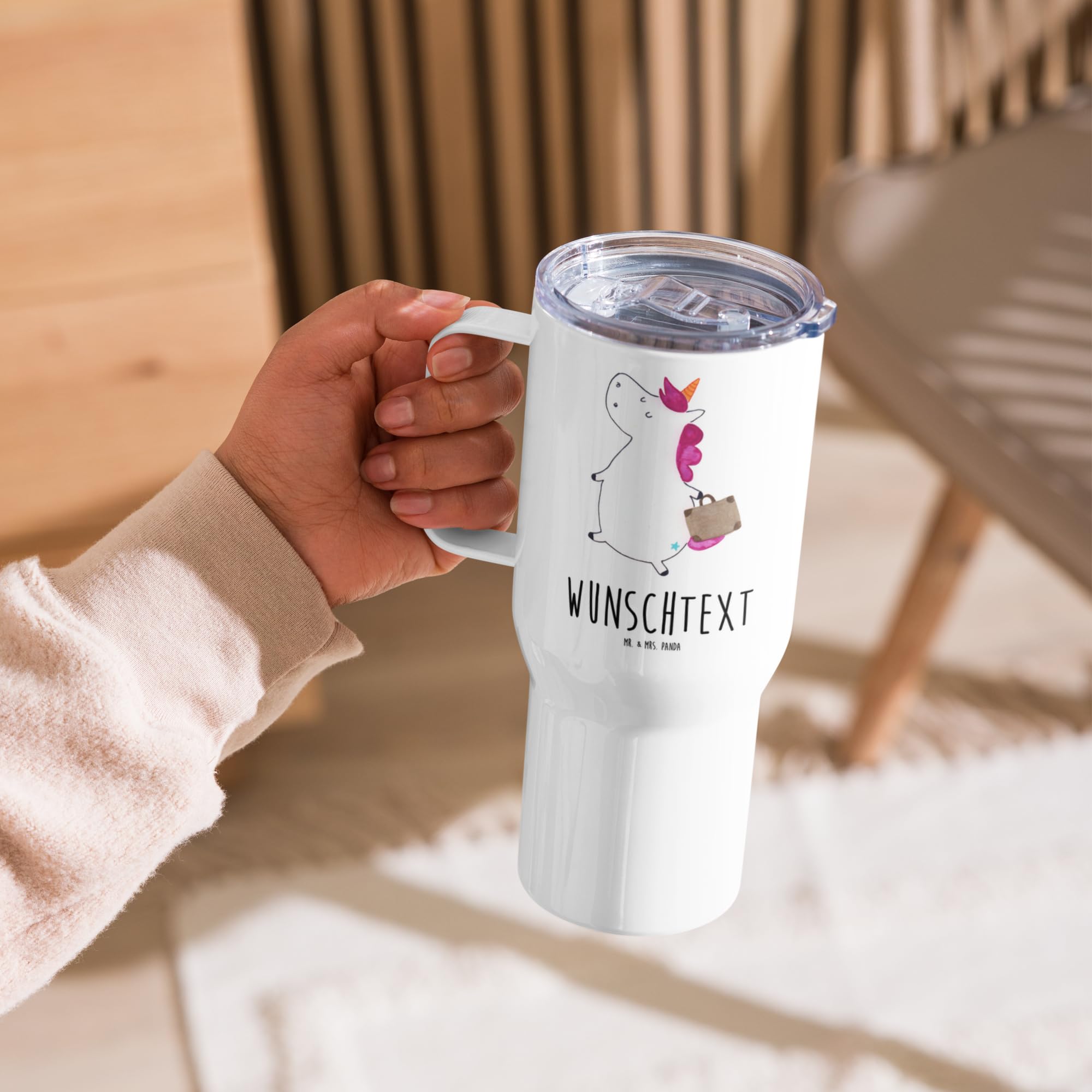 Mr. & Mrs. Panda Personalisierter XXL Thermobecher Einhorn Koffer - Personalisierte Geschenke, PersonalisierteXL Reisetasse, Erwachsen, Reisebecher, Unicorn, XL, Einhörner, Gepäck