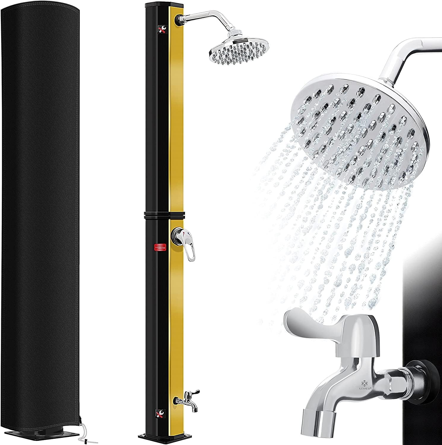 KESSER® Solardusche 60 Liter Solar Gartendusche | warmes Wasser | max. 60°C | Inkl. Schutzhaube | ohne Stromanschluss | Pooldusche Camping| Regenduschkopf und Wasserhahn | Schwarz/Gold