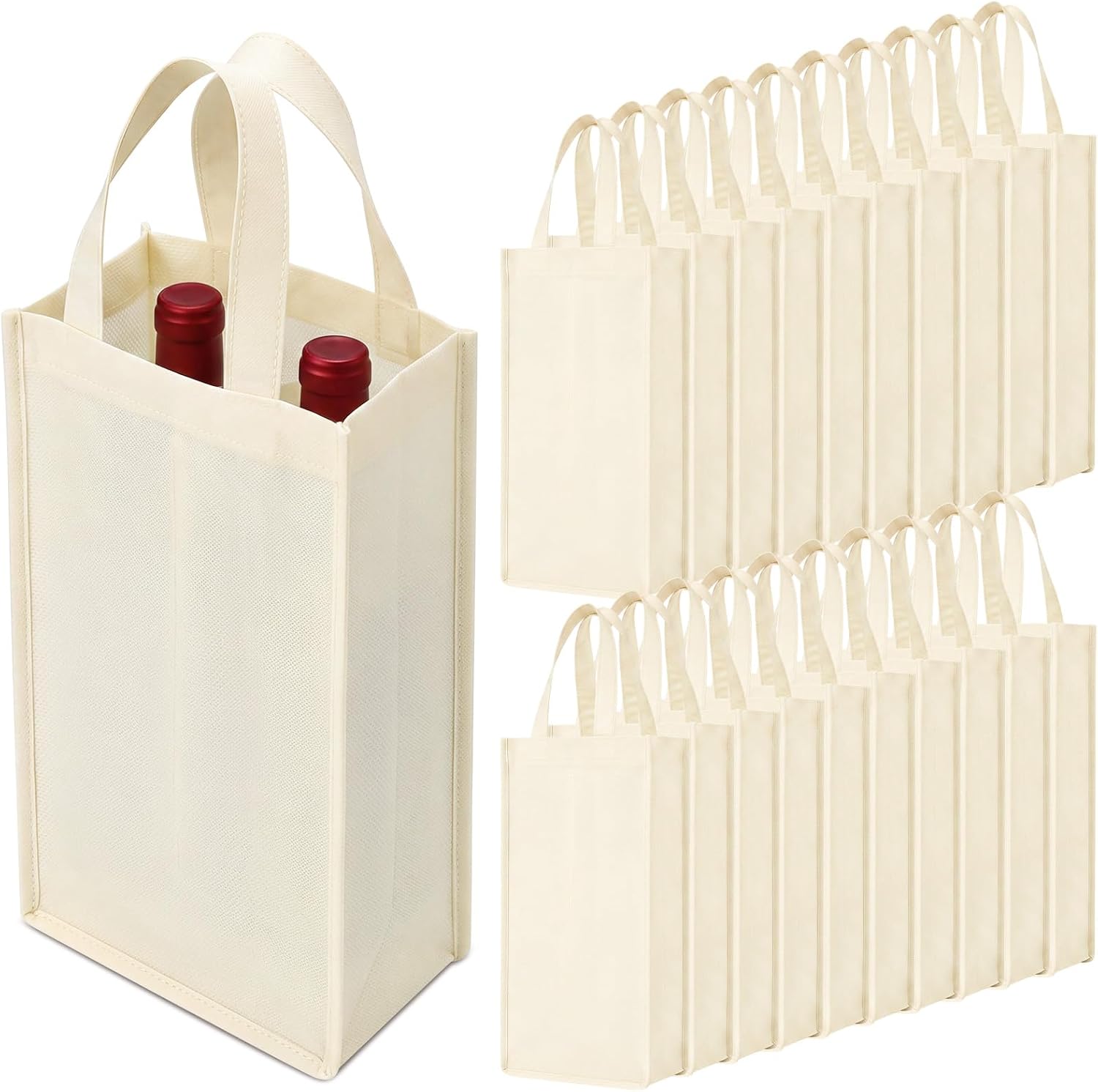 Hsei 20 Pack Reusable 2 Bottle Wine Tote Bag with Divider, Non-woven Washable Portable Sturdy Wine Carrier Bags for Grocery Travel Camping Picnic(Beige, 2 Bottle)