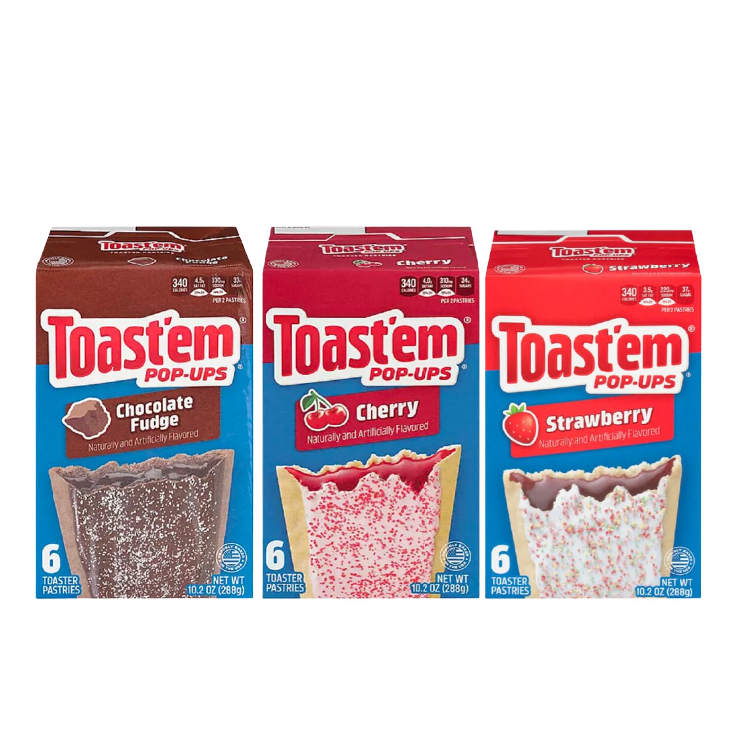 Toast'em Pop Ups Toaster Pastries | American Pastry Selection-Frosted Chocolate Fudge, Frosted Cherry and Frosted Strawberry | 6 Toaster Pastries per Box | Similar to Pop Tarts | 3 x 288g
