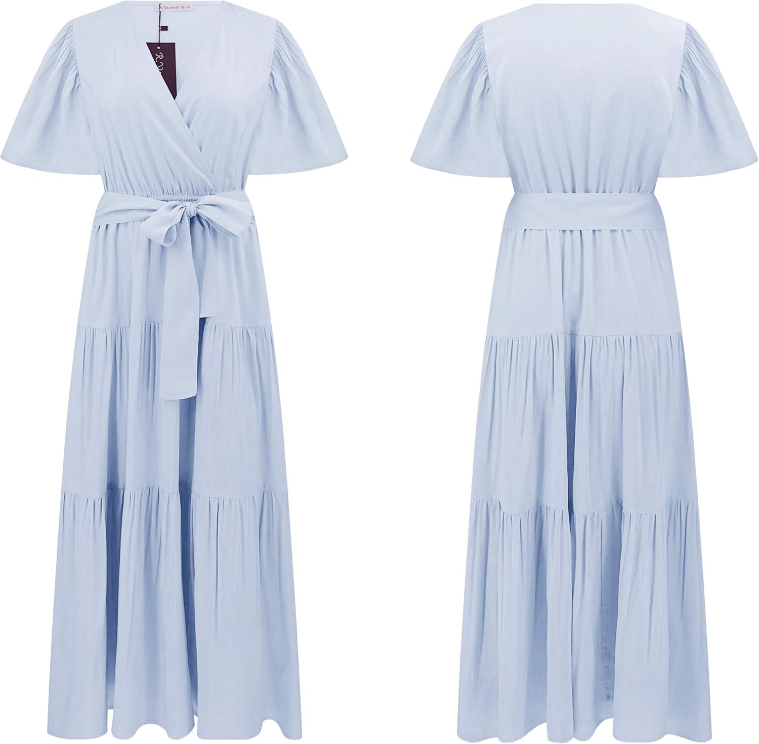 R.Vivimos Summer Dress for Women Cotton Ruffle Short Sleeves V Neck Casual Flowy Midi Dress with Belt - Image 6