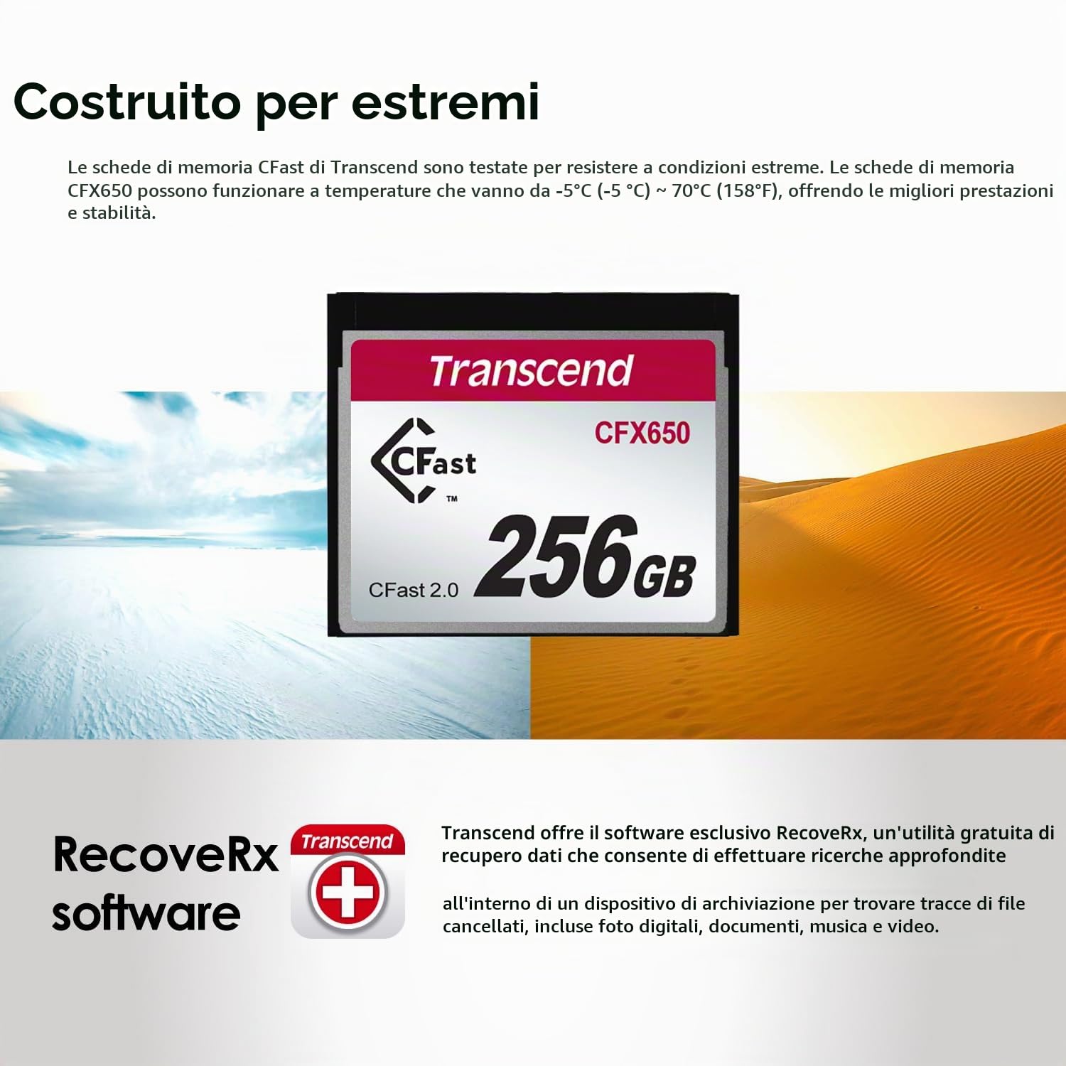 Transcend Scheda CFast 2.0 da 128 GB CFX650 SATA III 6 Gb/s, fino a 510/370 MB/s, progettata per cinematografia professionale in video ad alta risoluzione, Full HD e 4K - TS128GCFX650