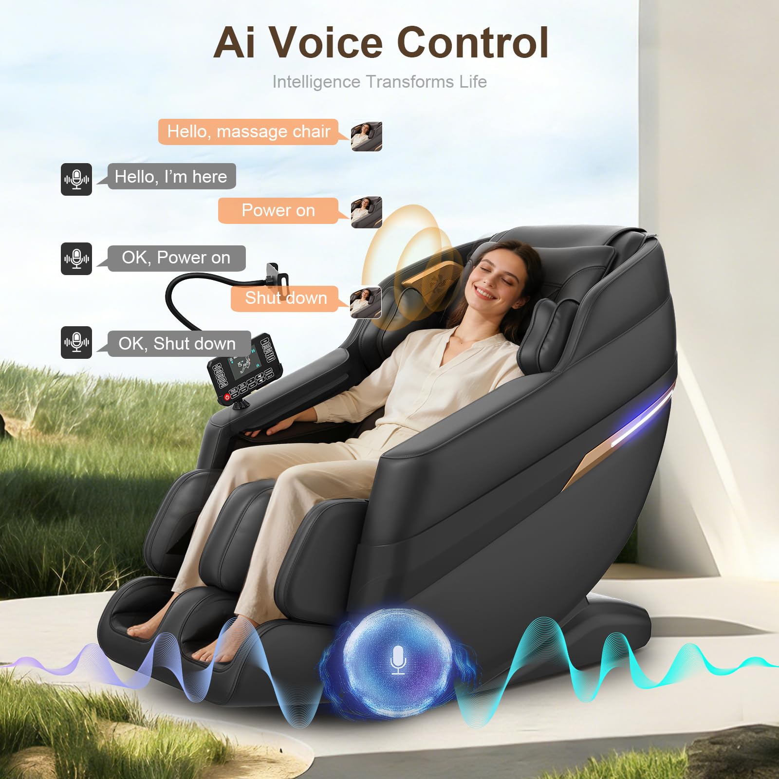 FURNIMAT Sillón de Masaje 3D, sillón de Masaje Corporal Completo SL-Track, 8 airbags, calefacción en piernas y Cintura, Control por Voz con IA y Altavoz Bluetooth, Gravedad Cero
