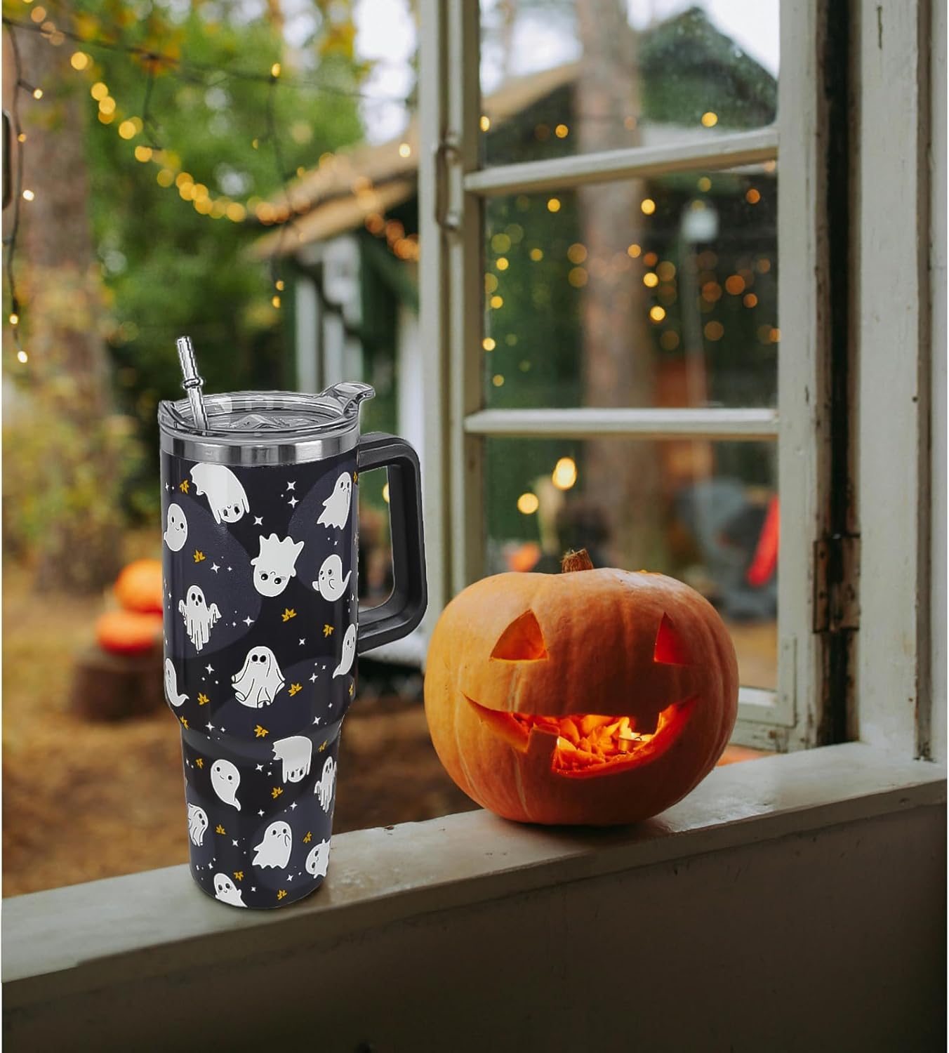 Halloween Tumbler 40 oz Ghost Tumbler Spooky Leak Proof Cups with Handle and Straw Insulated Water Bottle Coffee Travel Mugs for Halloween Decor Gifts for Women Men (1PCS) - Image 2
