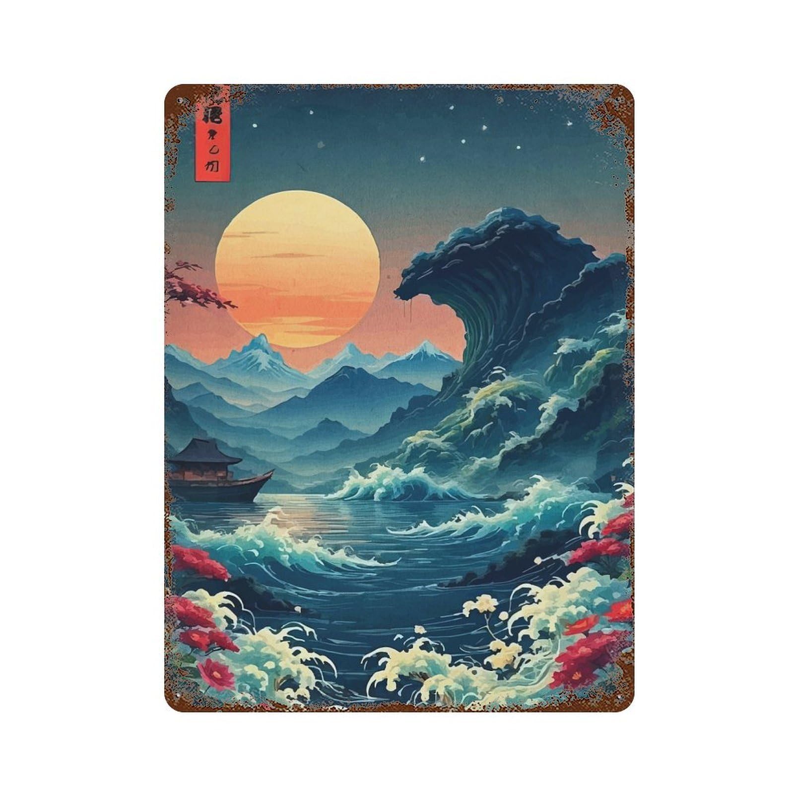 Japanese Landscape with Wave And Moon Retro Metal Sign 15.7"x11.8", Classic Wall Plaque for Garage, Pub Or Kitchen