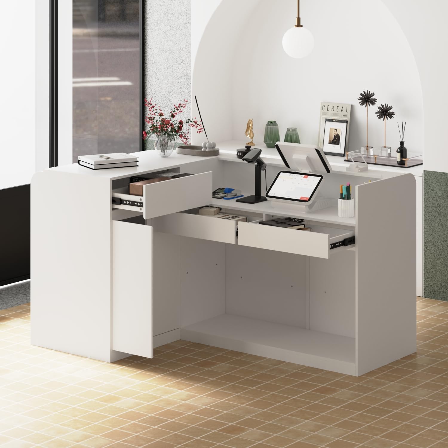 Table de caisse en forme de L, comptoir d'angle avec 3 tiroirs et 1 armoire, grand comptoir avec étagères