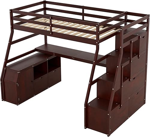 Miniatura 9 de Hlcodca Multipurpose Wooden Twin Size Loft Bed with Attached Desk with ShelvesWardrobe and 7 Drawersfor Kids Boys Girls Teens Adults Bedroom