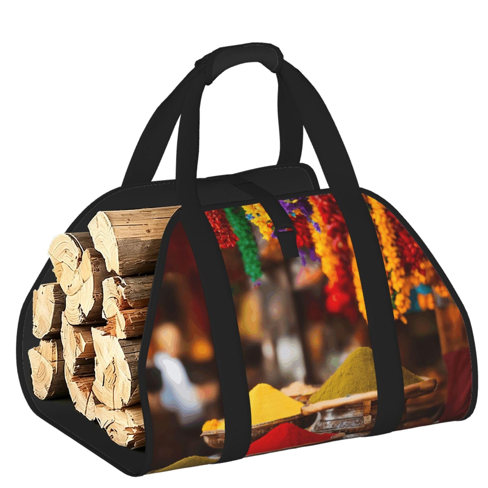 Pphgut Black Condiments Spices Print Firewood Bag Wood Carrier Transport Sack Camping Picnic Storage Daily Home