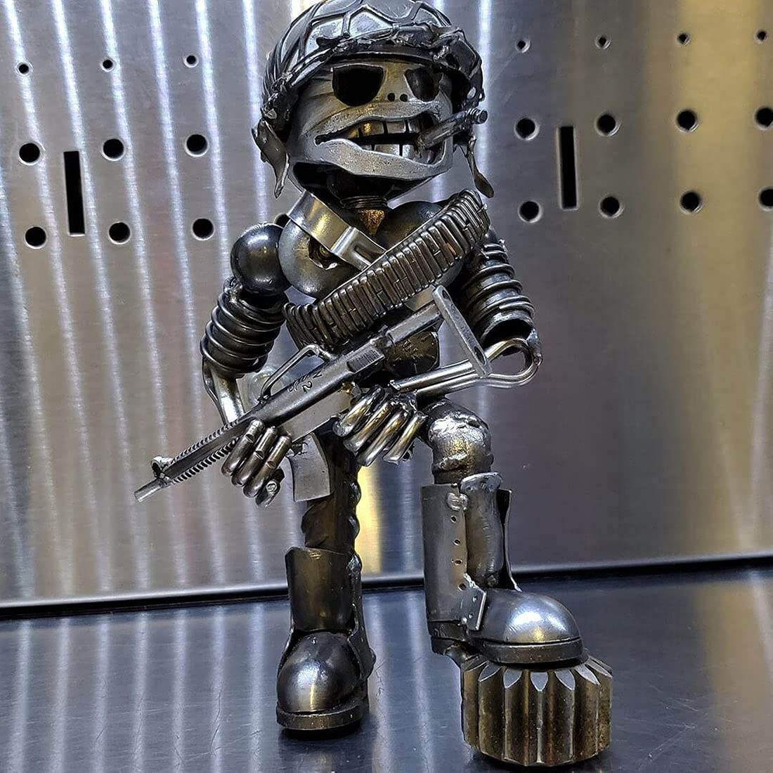 Koeyleo A Recycling/Scrap Metal Standing Warrior Sculpture - Handmade-Piston Man,Original Handmade Recycled Metal Sculpture Statue Ornament (A)