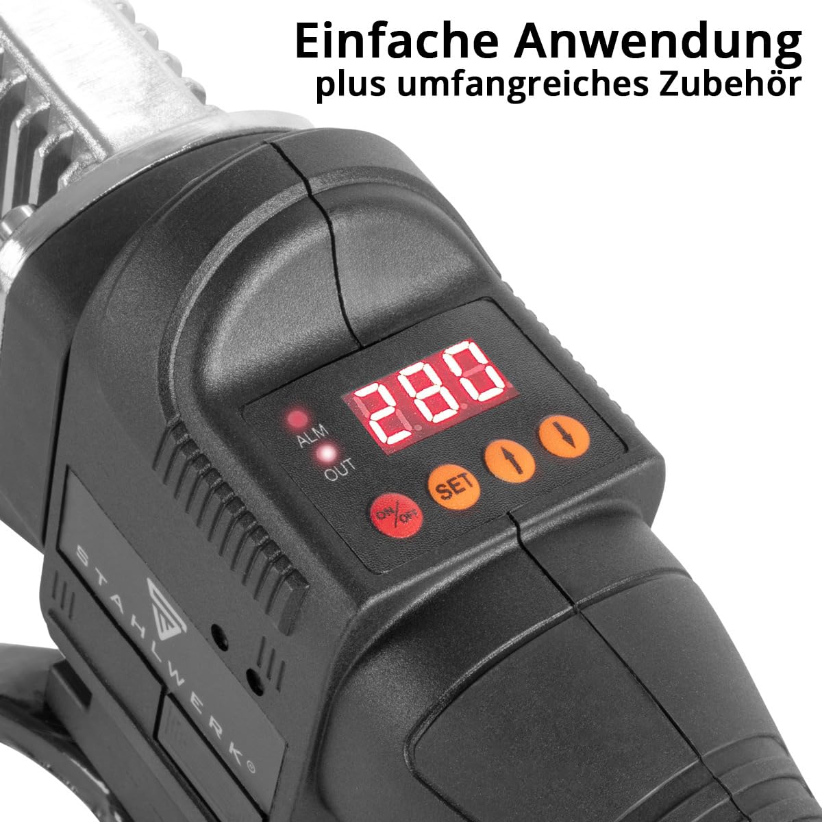 STAHLWERK Muffenschweißgerät – 800 W Kunststoffschweißgerät mit 0 – 300 °C Temperaturbereich, Dreibein-Stativ & 6 Rohraufsätzen (20–63 mm) für PE- & PPR-Rohre, ideal für Bau- & Sanitärinstallationen