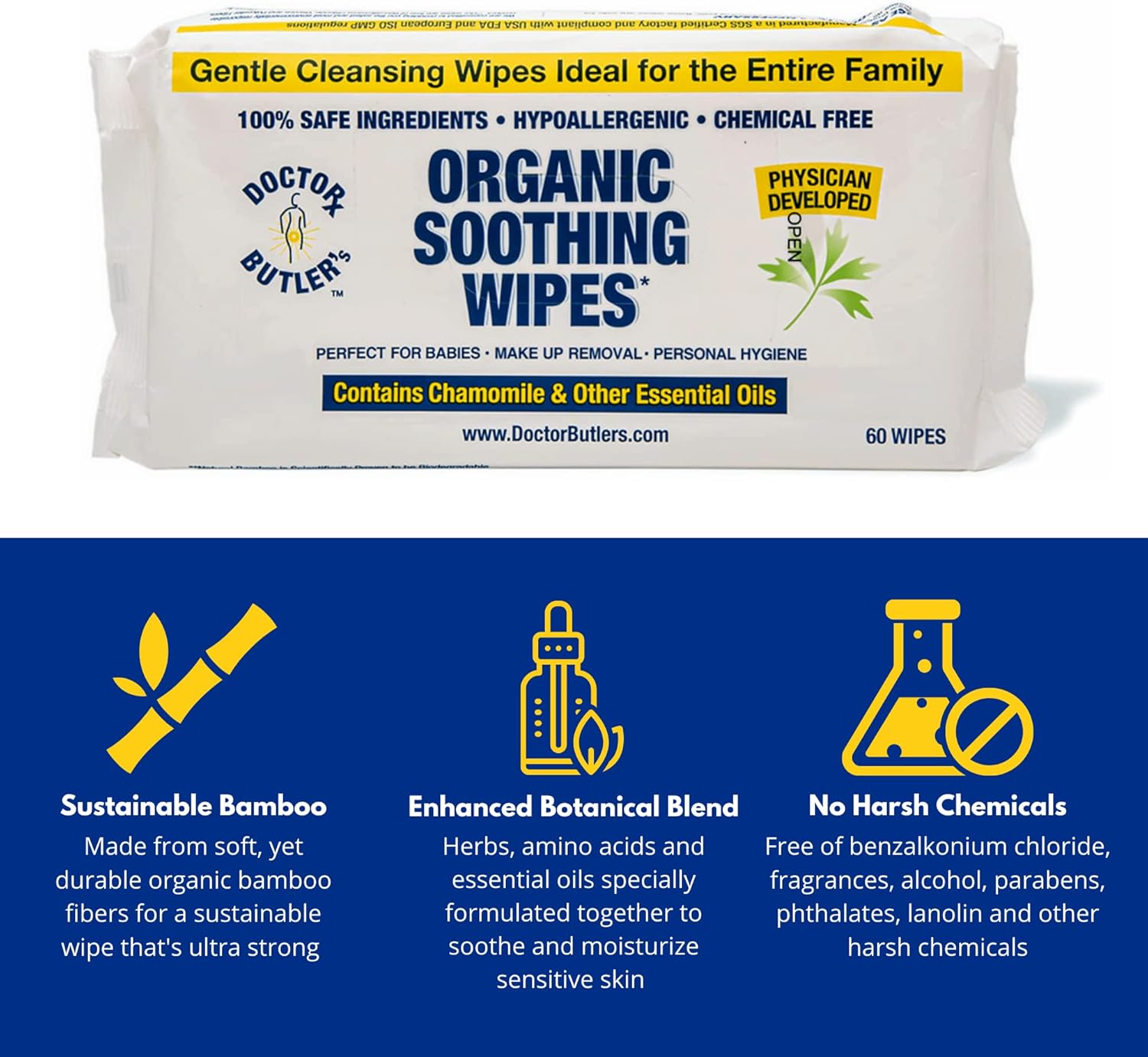 Doctor Butler’s Soothing Wipes – All-Purpose Wet Wipes for Sensitive Skin, Face Wipes, and Baby Wipes with Chamomile and Essential Oils* (1 Pack – 60 Count) : Health & Household