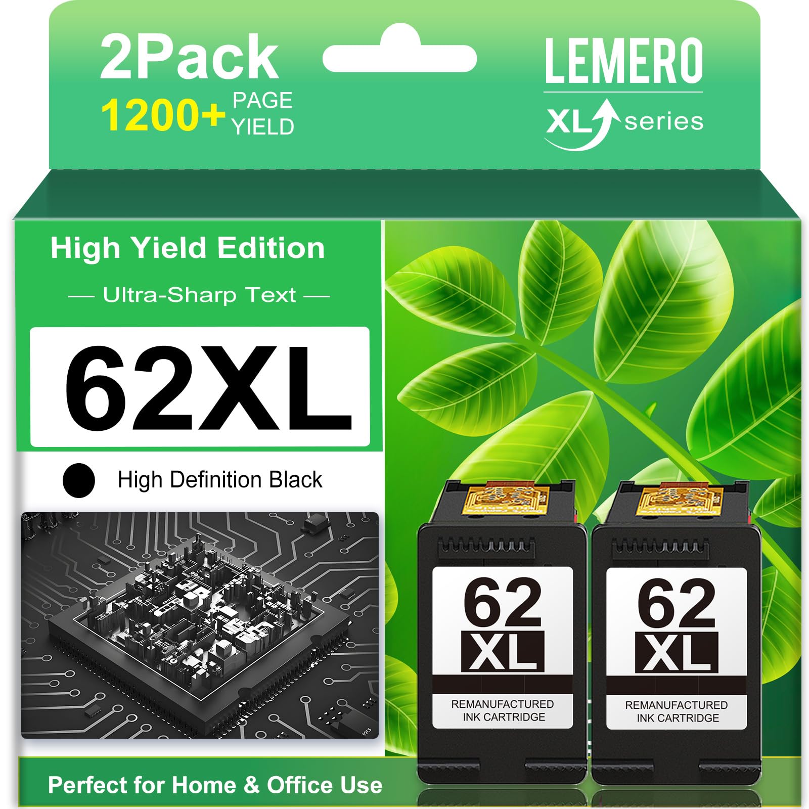 LEMERO Remanufactured for HP 62XL Ink Cartridges Black Replacement for HP 62 Black Ink Cartridge 62XL Ink Cartridge Combo Pack Work with Envy 7645
