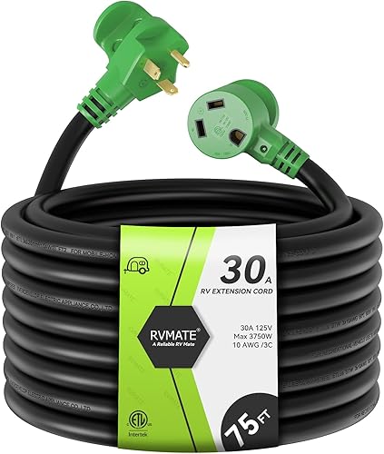 RVMATE Cable de extensión de alimentación RV de 30 amperios y 75 pies con mango de fácil enchufe, TT-30P a TT-30R, indicador LED, 10 AWG,