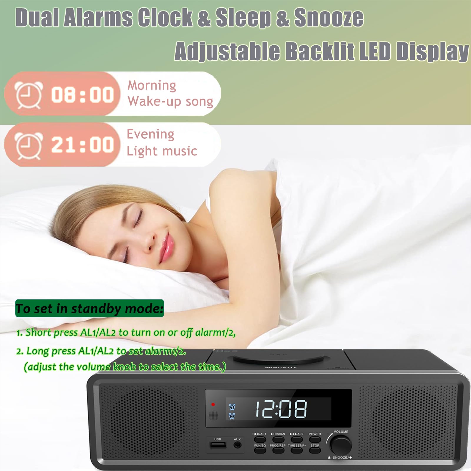 Système stéréo Home CD avec Lecteur CD, Radio FM, Bluetooth, entrée auxiliaire, Port USB, Montre numérique, Radio-réveil Lecteur CD, Micro Chaine Stereo (Noir)