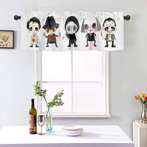 Miniatura 5 de Cenefa clásica de personajes de películas aterradoras para decoración de Halloween, cortina de ventana de asesinos de dibujos animados aterradores