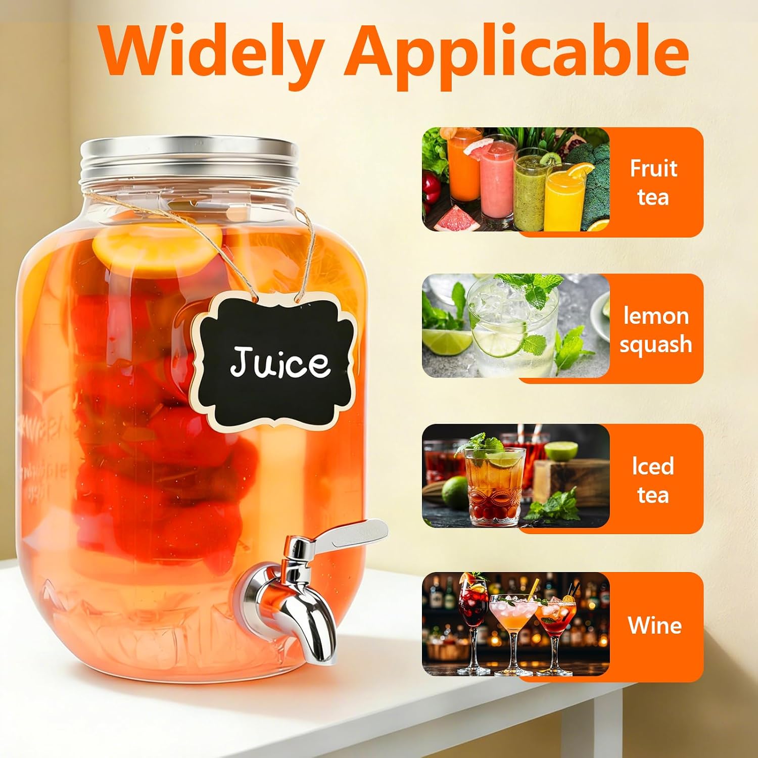 2-Pack 1 Gallon Glass Drink Dispensers with Stand, Stainless Steel Spout & Fruit Infuser for Parties, BBQs, Iced Tea, Lemonade & More