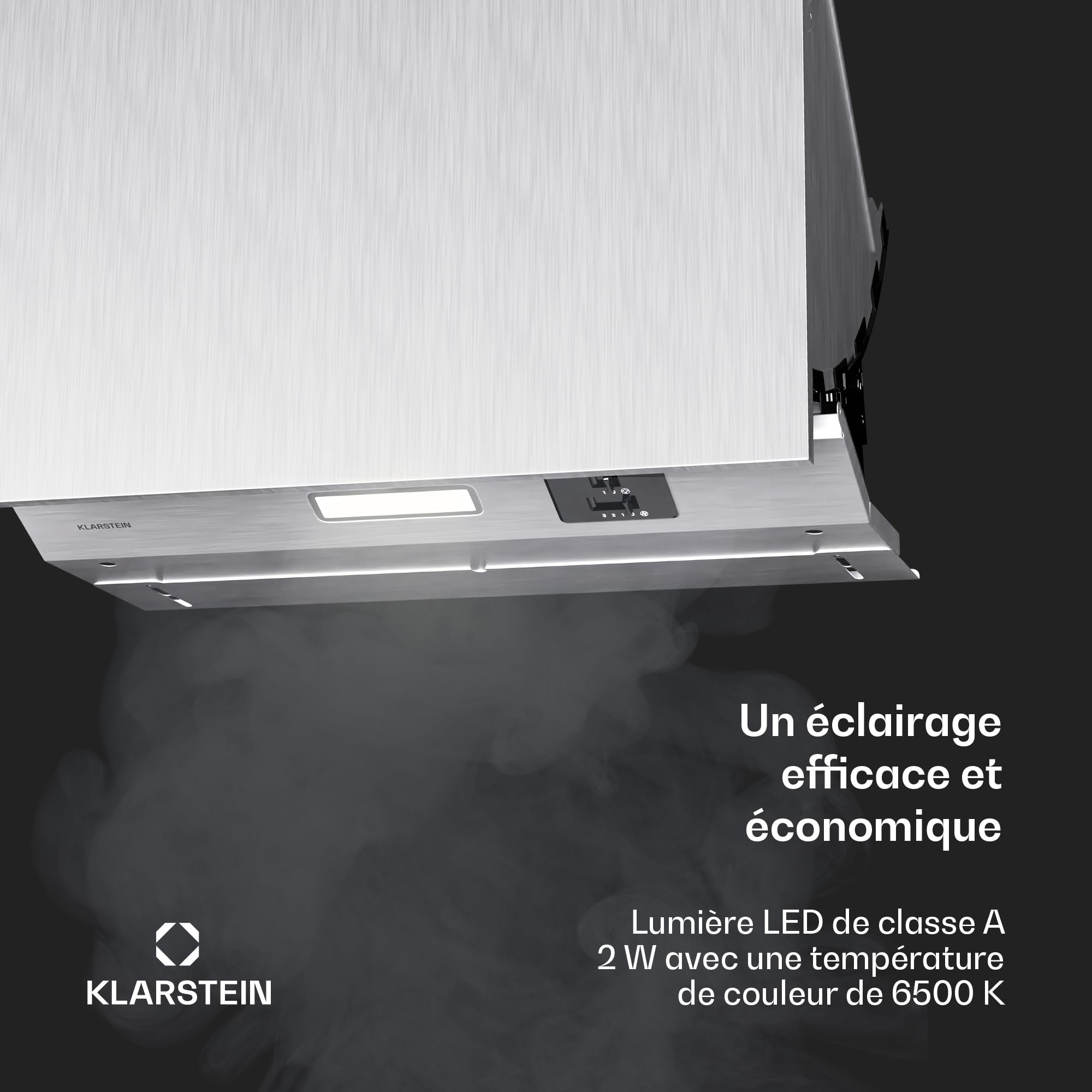 Klarstein Swift Square Hotte Aspirante, 60cm Hotte Cuisine Aspirante, Débit 380 m³/h, Double Moteur AC, Éclairage LED 2W, Filtre à Charbon Actif, Classe Énergétique C, Commande Tactile