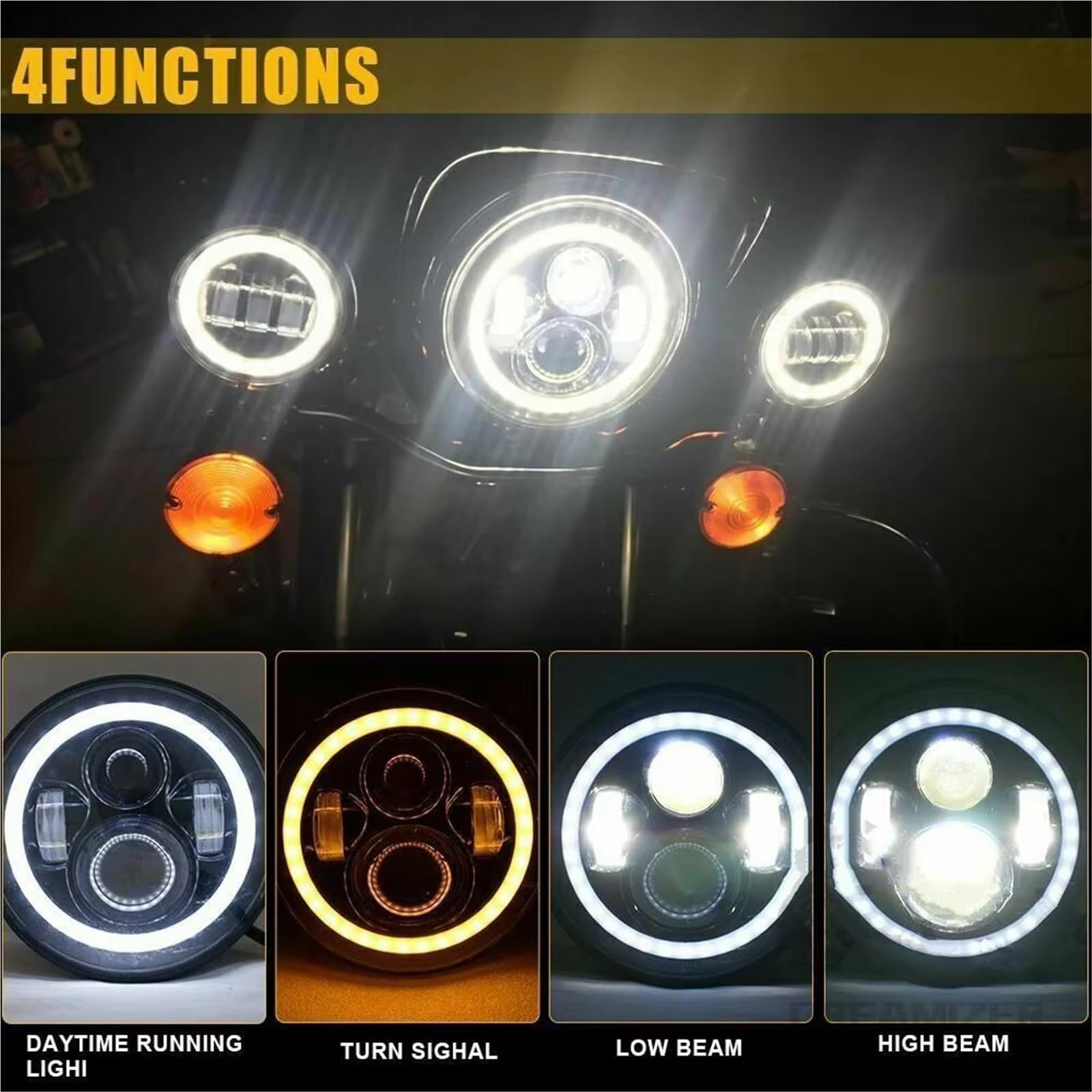 Faro Anteriore Moto per Dyna per Softail per Touring per Trike 7 Pollici Moto LED Faro Passando Lampade Luci Fendinebbia Staffa Anello di Montaggio(Style 1)