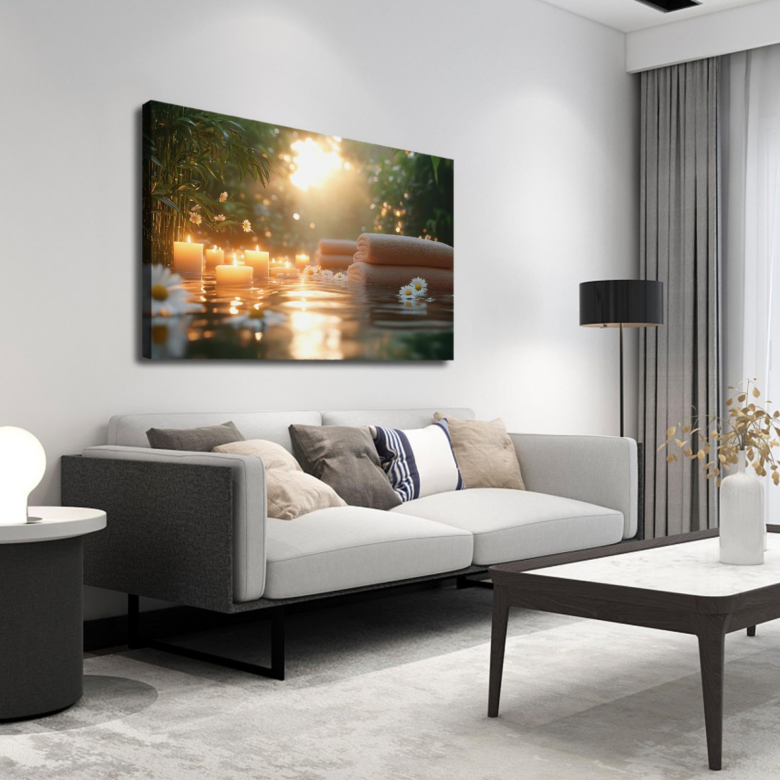 SHENGPOSTER Obrazy Na Płótnie Nowoczesne Boho Las Bamboo Las Spa Świeca Ręcznik Biały Daisy Wall Art Canvas Obraz Do Pokoju Salon Sypialnia Gotowy Do Zawieszenia 45 x 68 cm Wewnętrzna Rama