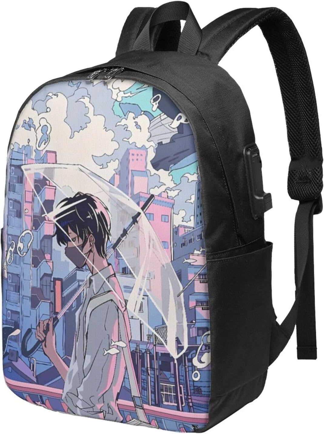 Japanese Animation 17 Inch USB Travel Backpack for Men Women, Large Capacity Laptop Daypack, Computer Bag for Business, Hiking, Daily Commute