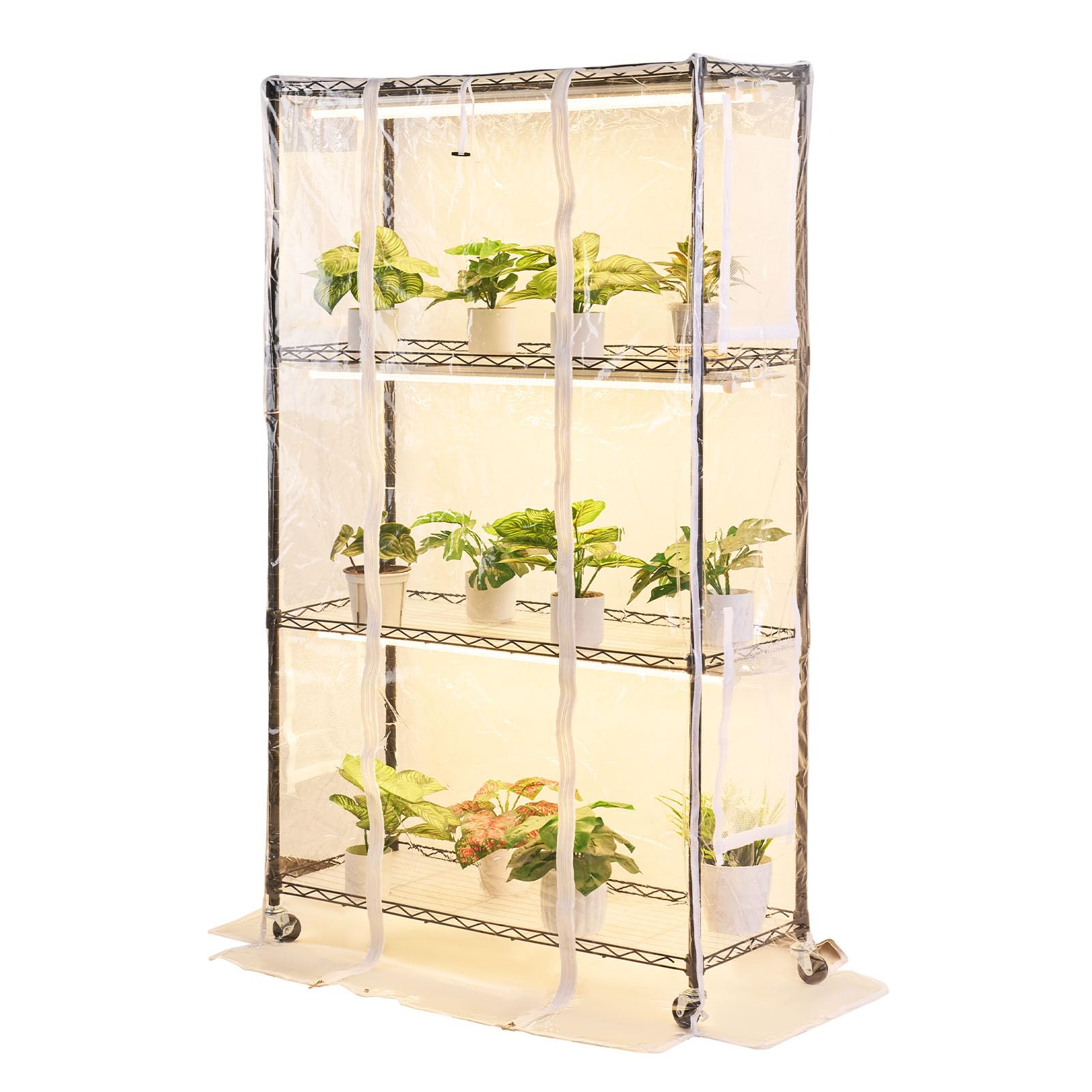 VEVOR Pflanzenregal mit Wachstumslicht, 4-stufiger Pflanzenständer mit transparenter Abdeckung, Timer & Hygrometer, 180W Vollspektrum-Lichter, Blumenregal für Zimmerpflanzen 90x35x150 cm