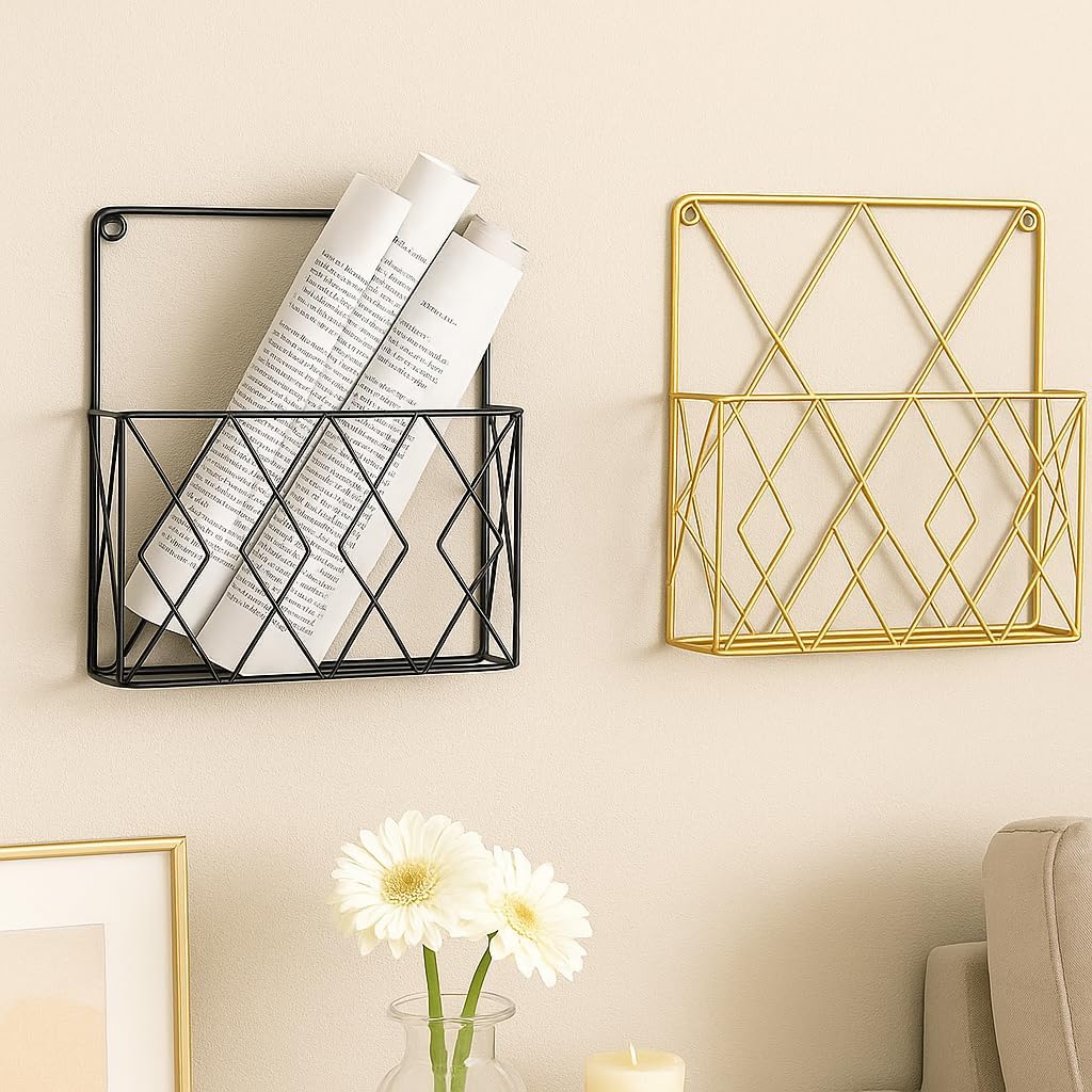 CentraLit 2 Pieces Wall Decor Hanging File Magazine Holder with Hooks - Magazine Newspaper Rack Black Gold Combo File Storage Rack for Office - Home Decor Wall Art Display Rack for Organisation