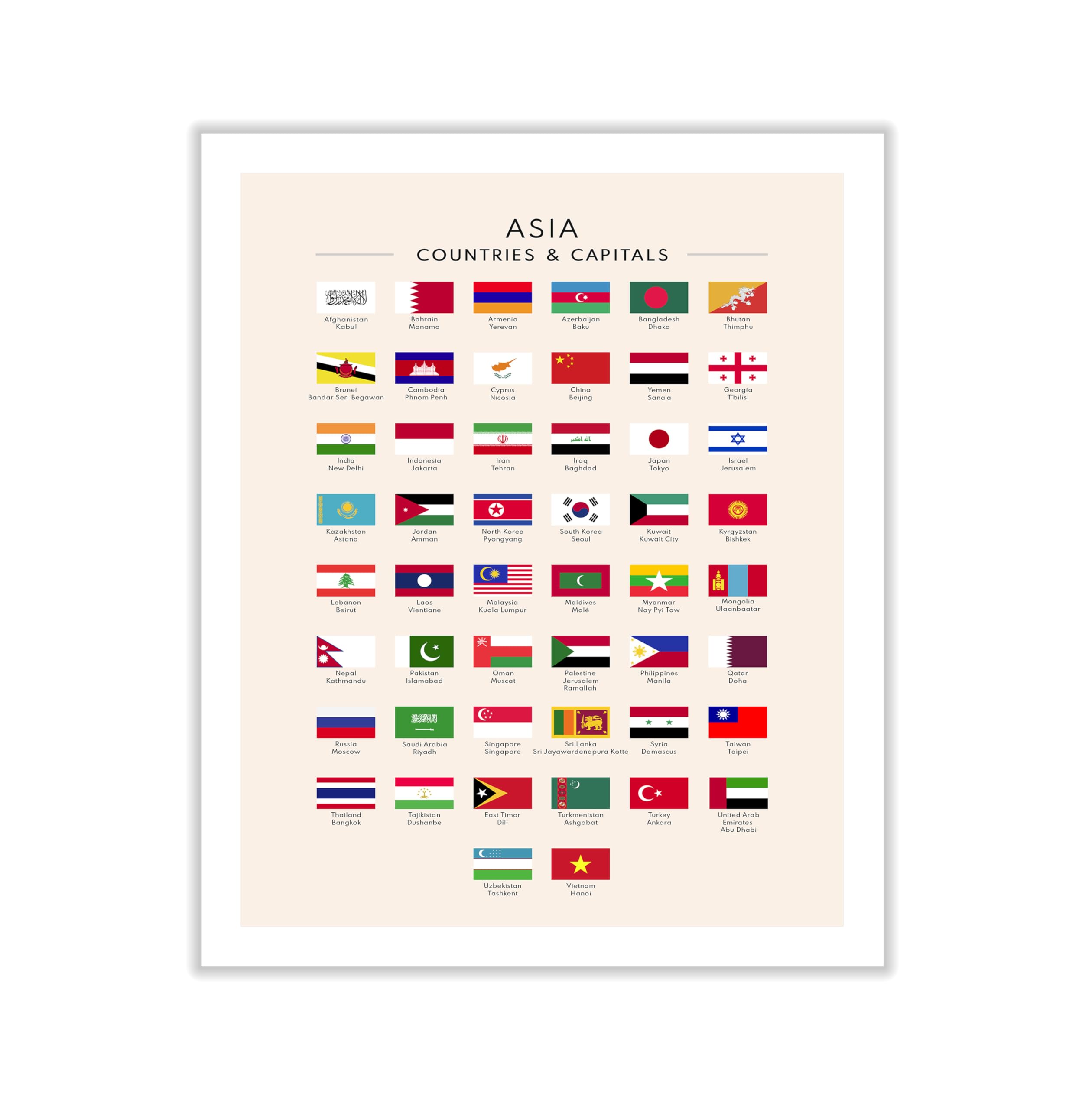 Poster Master Flags of Asia Canvas - Asian Countries & Capitals Print - Learning Materials Art - Educational Art - Gift for Student & Teacher - Decor for Classroom or Library - 8x10 ROLLED Canvas